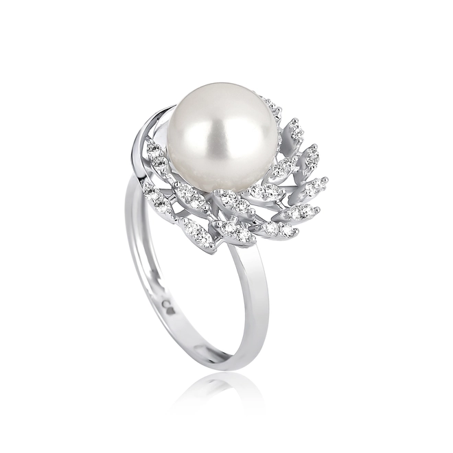 Anel flor Pérola ouro branco 18k contorno 30pts de Diamantes 1