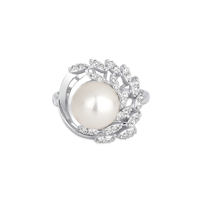 Anel flor Pérola ouro branco 18k contorno 30pts de Diamantes 3