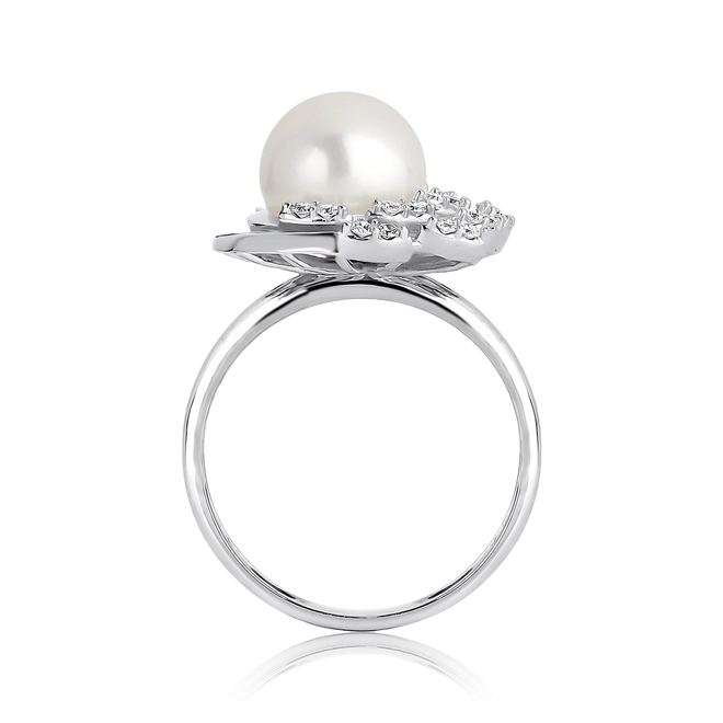 Anel flor Pérola ouro branco 18k contorno 30pts de Diamantes 2