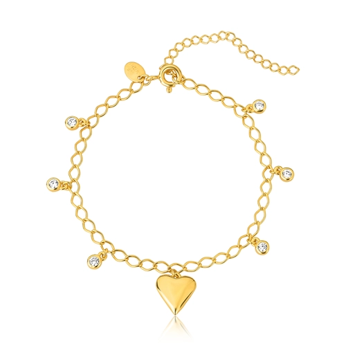 Pulseira For Love prata 925 dourada pingentes de Zircônias e coração