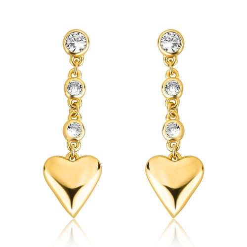 Brinco For Love pingente prata 925 dourada com Zircônias e coração polido