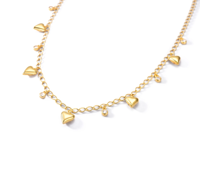Gargantilha For Love Chocker prata 925 dourada com pingentes de Zircônias e corações 2
