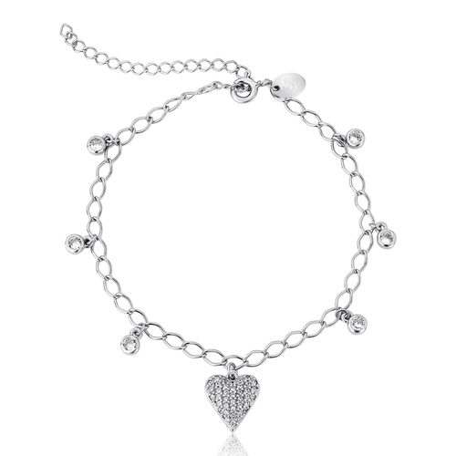 Pulseira For Love de elos prata 925 com coração pavê e pingentes de Zircônias