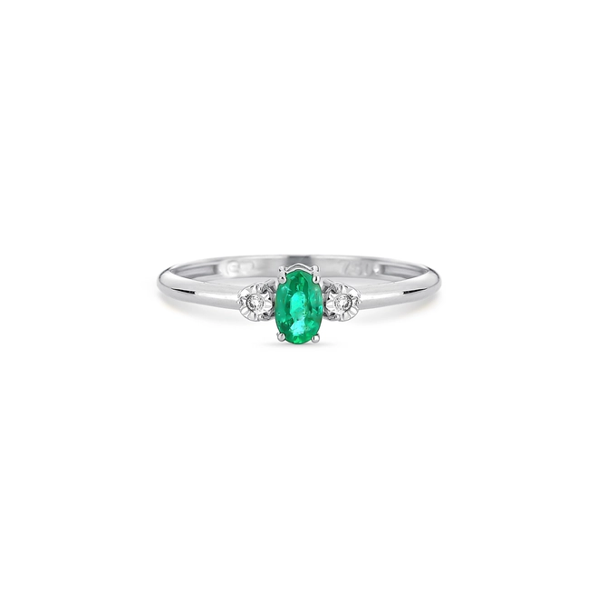 Anel Solitário de Esmeralda ouro branco 18k com Diamante 3