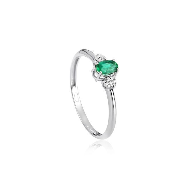 Anel Solitário de Esmeralda ouro branco 18k com Diamante 1