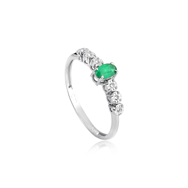 Anel oval de Esmeralda ouro branco 18k com meio aro de Diamantes 1