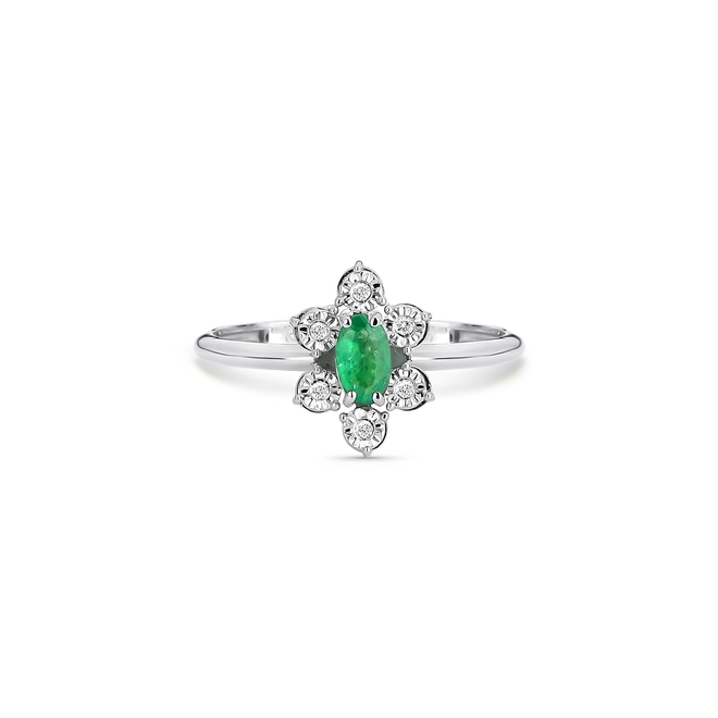 Anel oval de Esmeralda ouro branco 18k com Diamantes 3