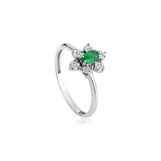 Anel oval de Esmeralda ouro branco 18k com Diamantes 1
