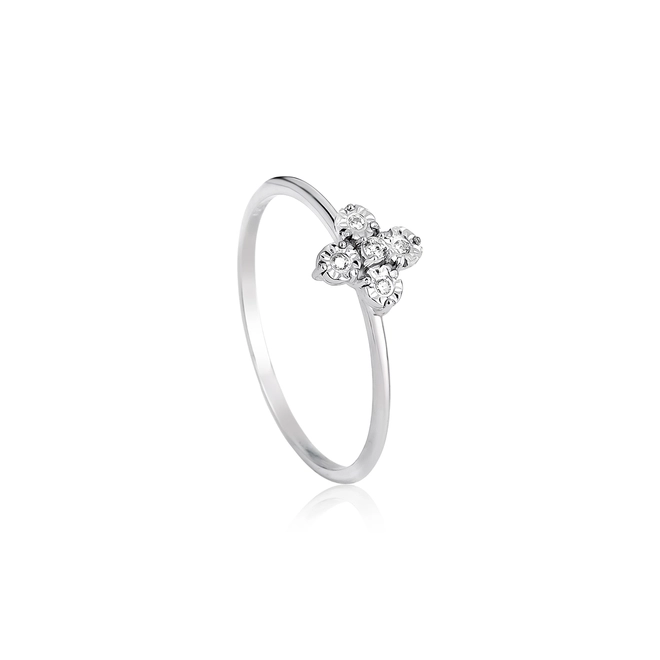 Anel flor ouro branco 18k com 4 pontos de Diamantes 1