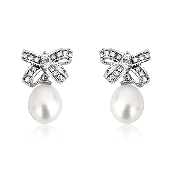 Brinco laço ouro branco 18k com Diamantes e Pérola 1
