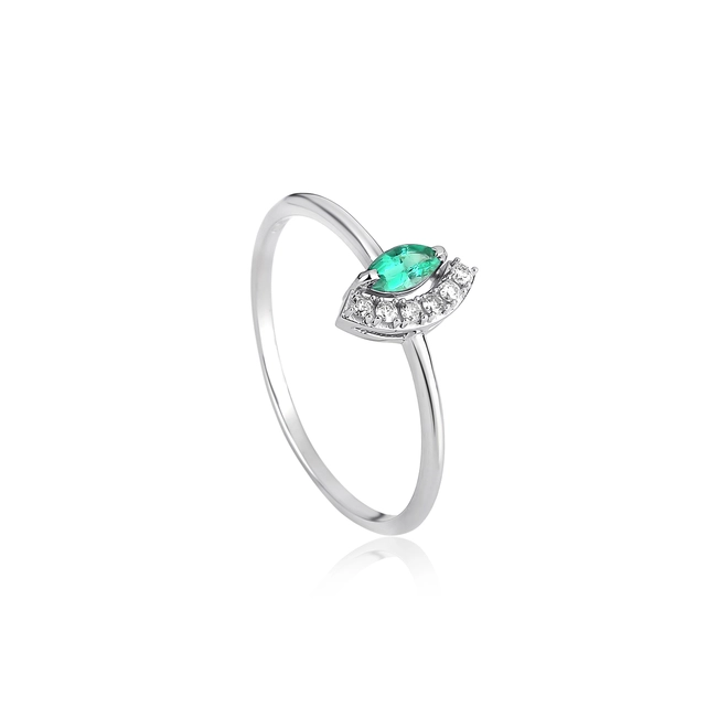 Anel navete de Esmeralda ouro branco 18k com Diamantes 1