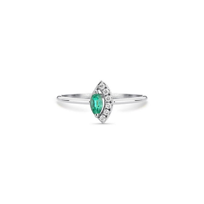 Anel navete de Esmeralda ouro branco 18k com Diamantes 3