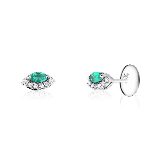 Brinco Stud ouro branco 18k navete de Esmeralda com Diamantes 1