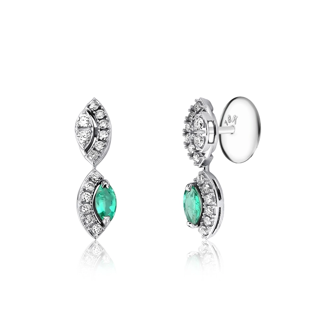 Brinco pingente ouro branco 18k navete de Esmeralda com Diamantes 1