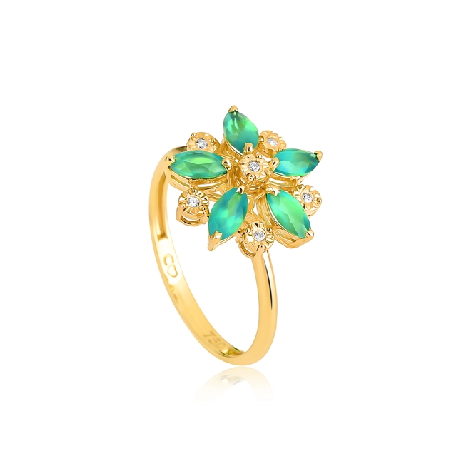 Anel flor ouro 18k navetes de Crisoprásio e Diamantes 1