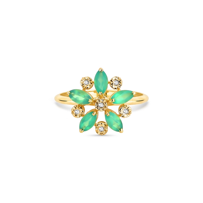 Anel flor ouro 18k navetes de Crisoprásio e Diamantes 3