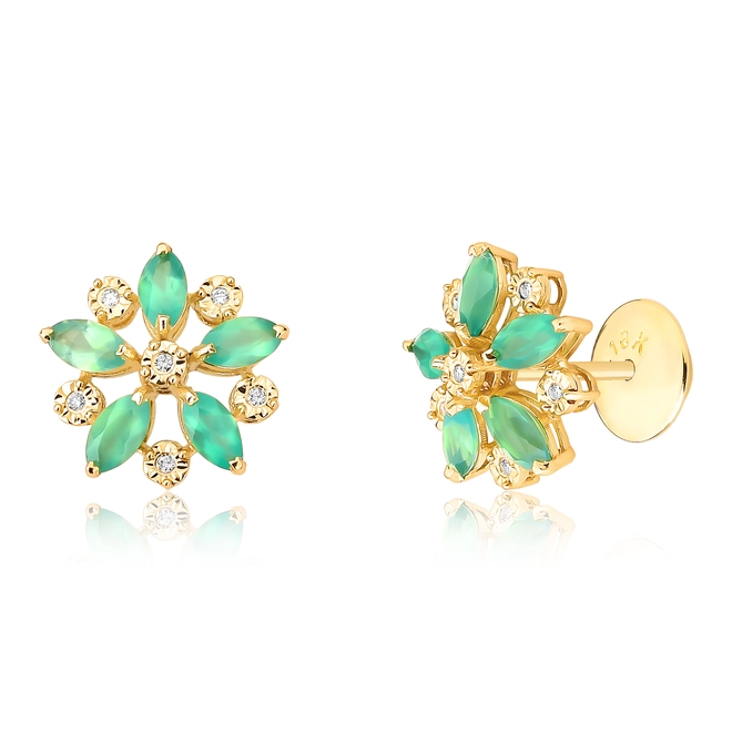 Brinco flor ouro 18k navetes de Crisoprásio com Diamantes 1