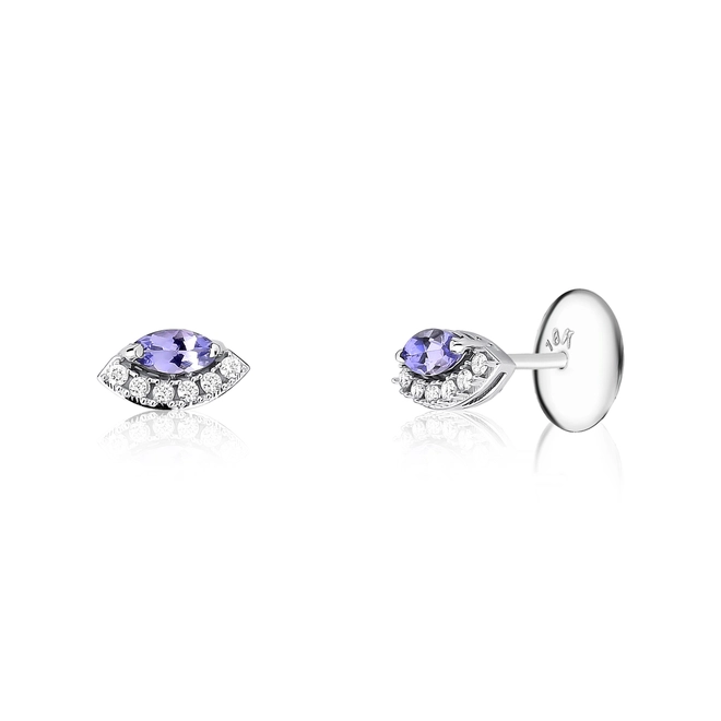 Brinco Stud ouro branco 18k navete de Tanzanita com Diamantes 1