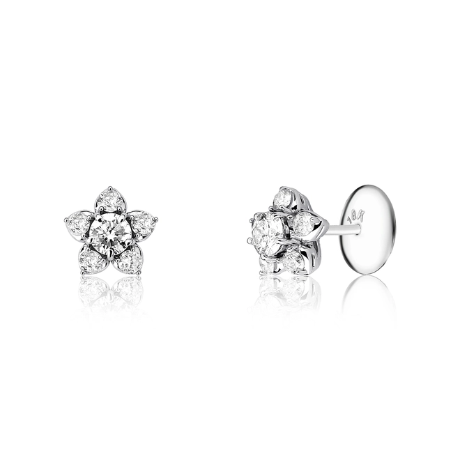 Brinco Stud ouro branco 18k flor com Diamantes 1