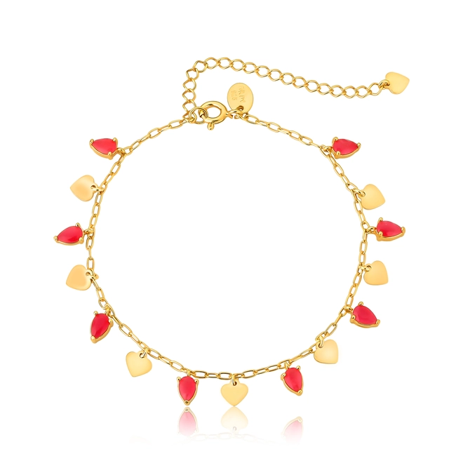 Pulseira For Love corações prata 925 dourada com gotas de Jade vermelha 1