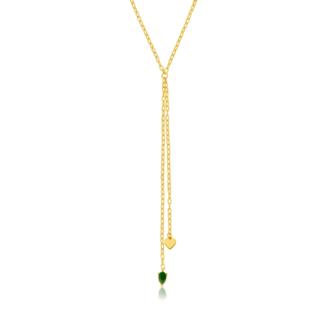 Gargantilha For Love gravatinha prata 925 dourada com coração e gota de Jade verde 1