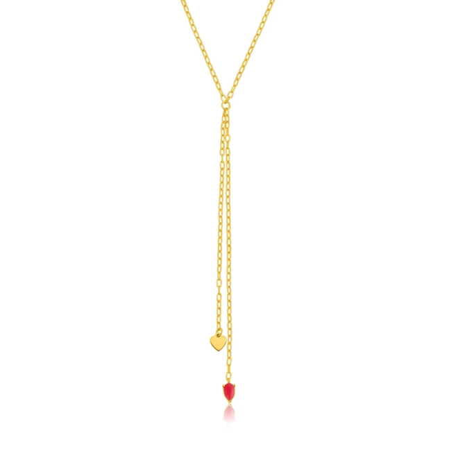 Gargantilha For Love gravatinha prata 925 dourada com coração e gota Jade vermelha 1