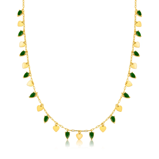 Gargantilha For Love Choker prata 925 dourada corações e gotas de Jade verde 1