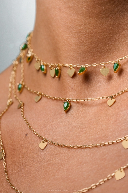 Gargantilha For Love Choker prata 925 dourada corações e gotas de Jade verde 2