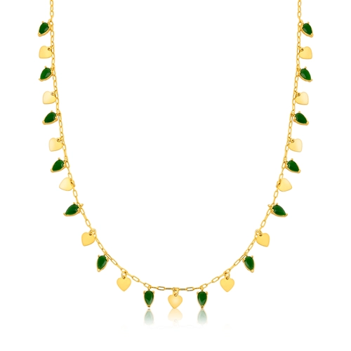 Gargantilha For Love Choker prata 925 dourada corações e gotas de Jade verde