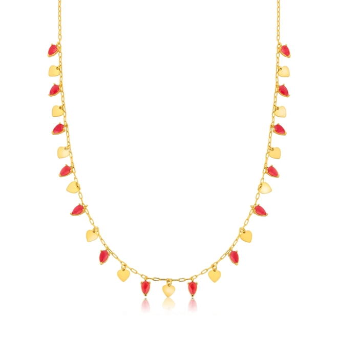 Gargantilha For Love Choker prata 925 dourada com corações e gotas Jade vermelha 1
