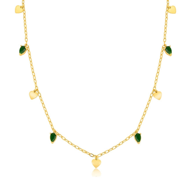 Gargantilha For Love Choker prata 925 dourada com corações e gotas de Jade verde 1