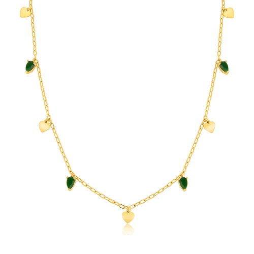 Gargantilha For Love Choker prata 925 dourada com corações e gotas de Jade verde