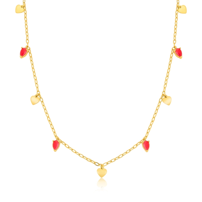 Gargantilha For Love Choker prata 925 dourada corações e gotas Jade vermelha 1