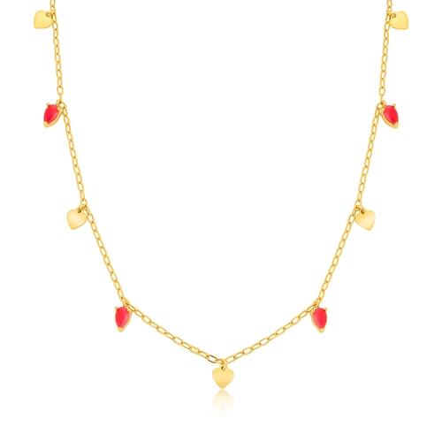 Gargantilha For Love Choker prata 925 dourada corações e gotas Jade vermelha