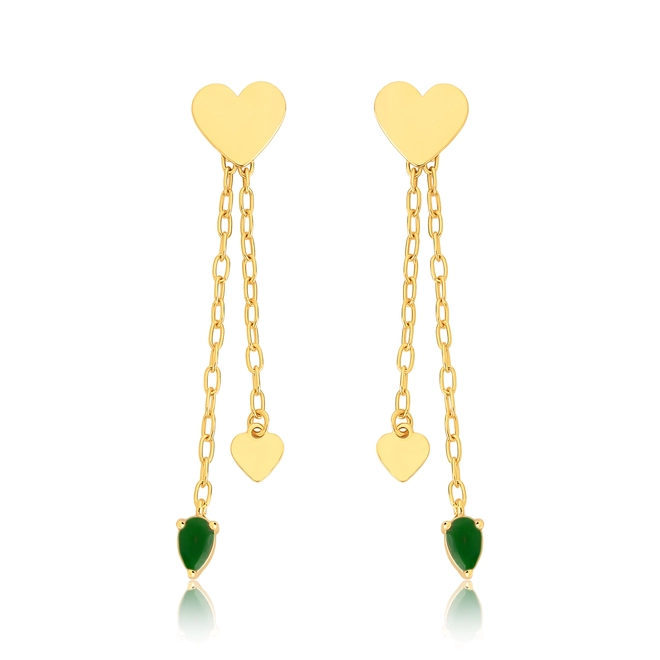 Brinco For Love pingente corrente prata 925 dourada com coração e gota de Jade verde 1