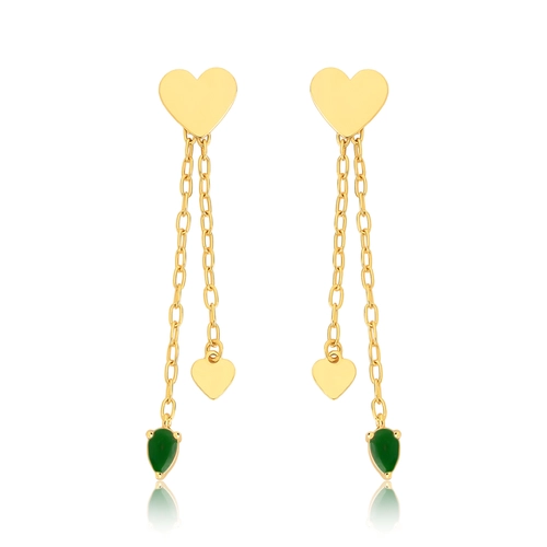 Brinco For Love pingente corrente prata 925 dourada com coração e gota de Jade verde