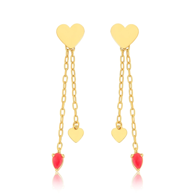 Brinco For Love pingente prata 925 dourada coração e gota Jade vermelha 1