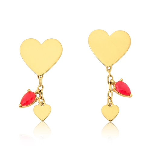 Brinco For Love pingente prata 925 dourada corações e gota de Jade vermelha