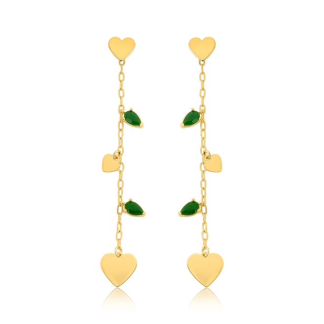 Brinco For Love pingente prata 925 dourada corações e gotas Jade verde 1