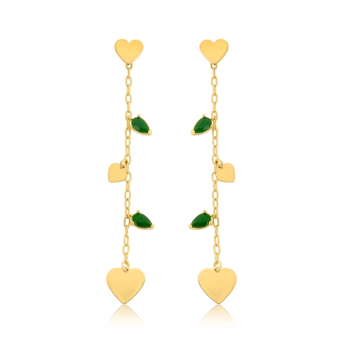 Brinco For Love pingente prata 925 dourada corações e gotas Jade verde