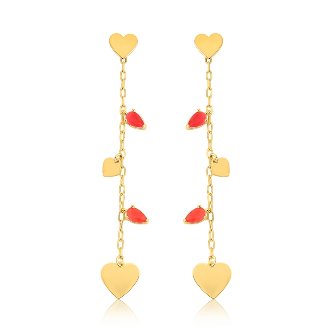Brinco For Love pingente prata 925 dourada corações e gotas Jade vermelha 1