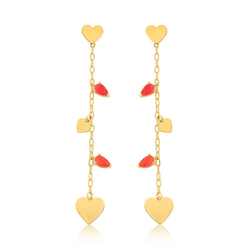 Brinco For Love pingente prata 925 dourada corações e gotas Jade vermelha