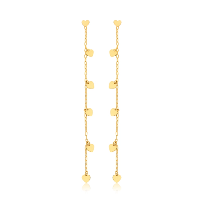Brinco For Love pingente longo prata 925 dourada corações a laser 1