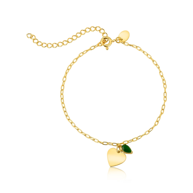 Pulseira For Love corrente elos prata 925 dourada pingentes coração e gota de Jade verde 1