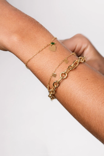 Pulseira For Love corrente elos prata 925 dourada pingentes coração e gota de Jade verde