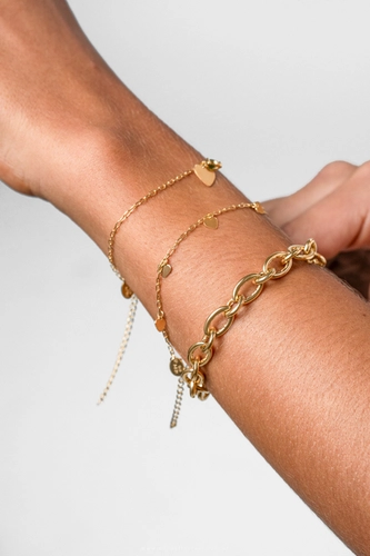 Pulseira For Love de elos prata 925 dourada com 7 mini corações a laser