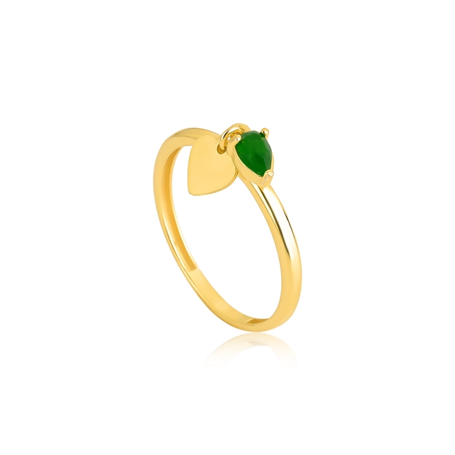 Anel For Love prata 925 dourada com pingentes coração e gota de Jade verde 1