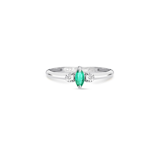 Anel navete de Esmeralda ouro branco 18k com Diamantes 3