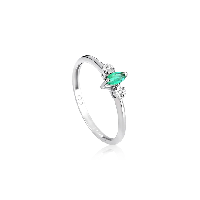 Anel navete de Esmeralda ouro branco 18k com Diamantes 1