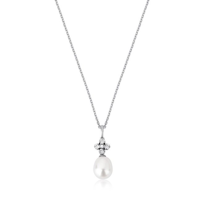 Gargantilha pingente ouro branco 18k com Diamantes e gota de Pérola 1